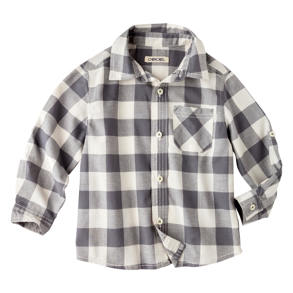 Cherokee Infant Toddler Boys Plaid Button Down Shirt   Gray 18 M