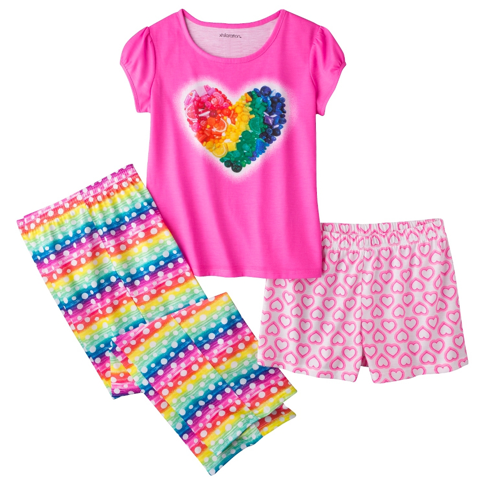 Xhilaration Girls 3 Piece Short Sleeve Pajama Set   Pink Azalea M