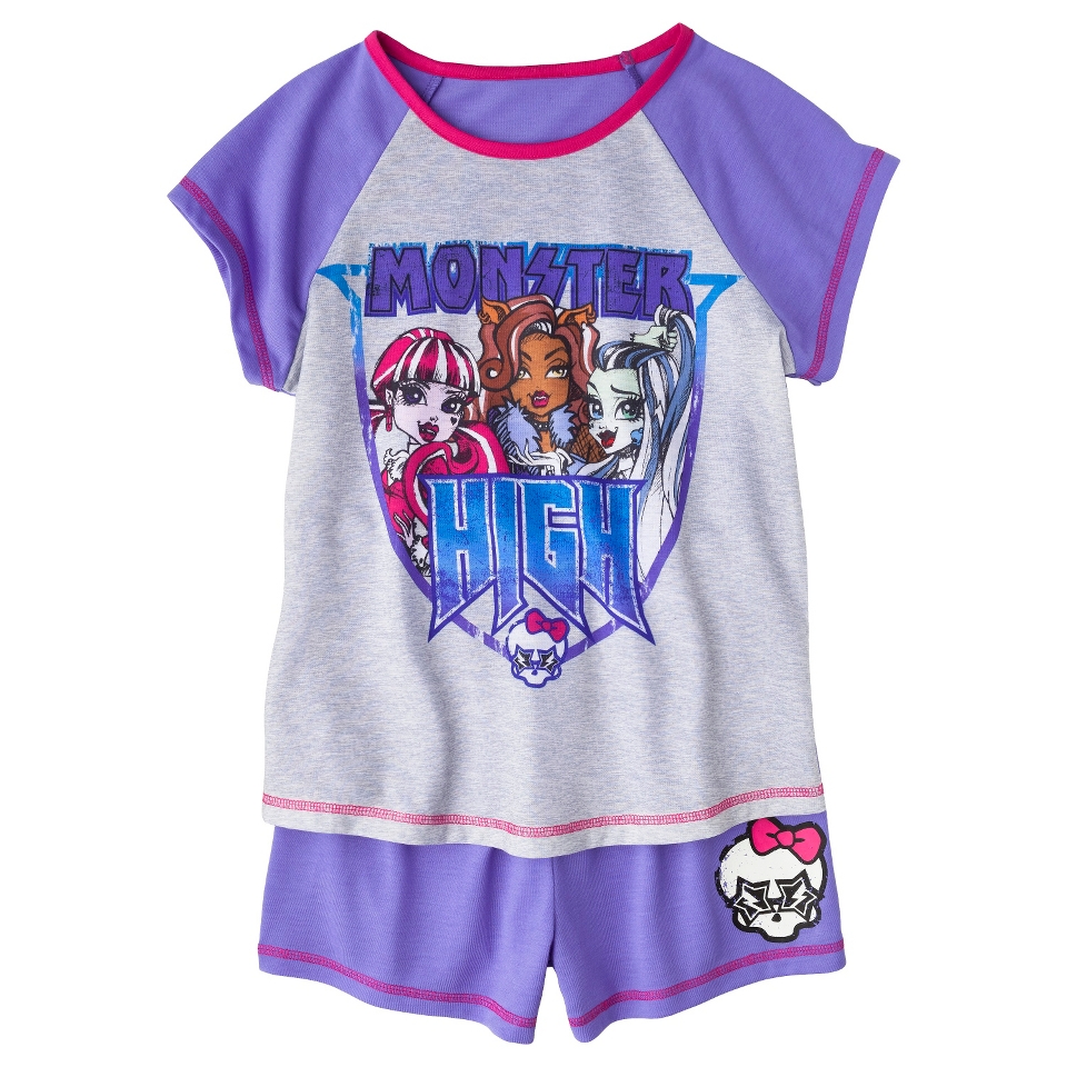 Monster Chic Girls 2 Piece Short Sleeve Pajama Set   Purple M