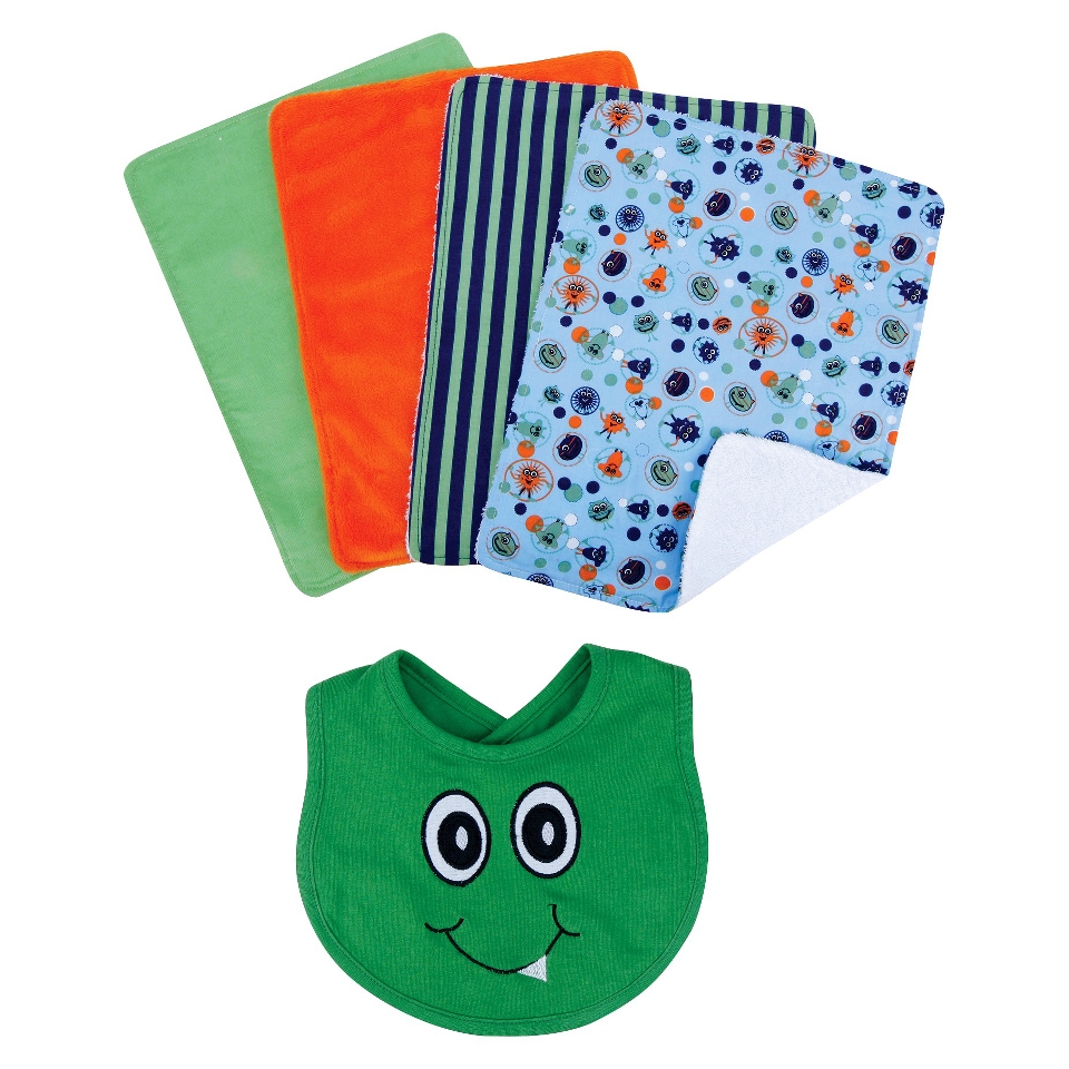 5pc Bib & Burp Cloth   Green Snuggle Monster by Lab