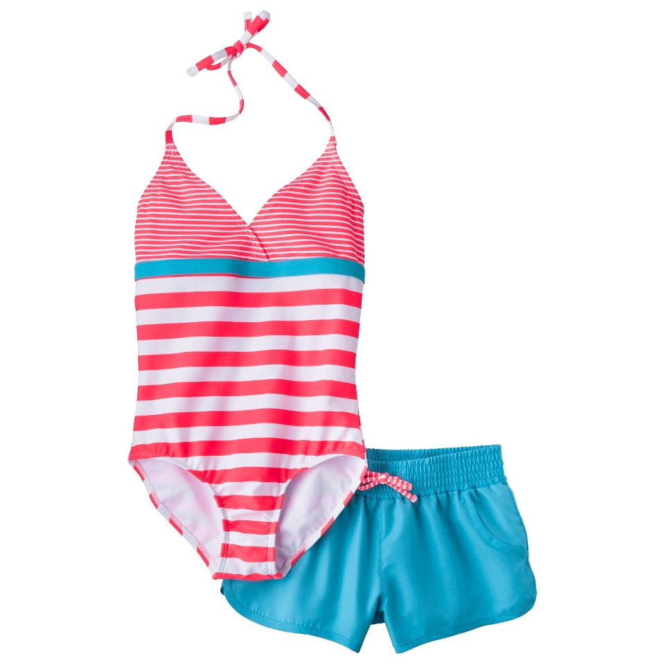 Girls 1 Piece Striped Swimsuit and Short Set   Coral S