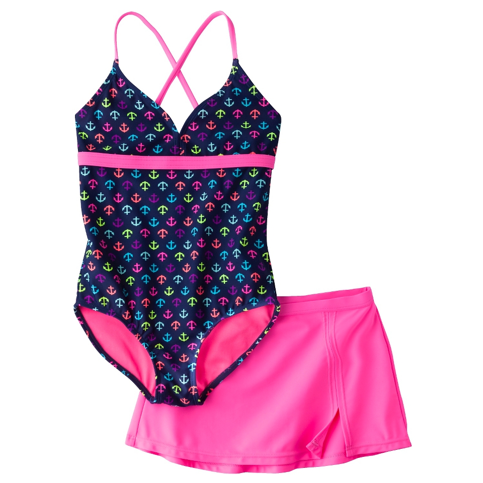 Girls 1 Piece Anchor Swimsuit and Short Set   Night Sky M