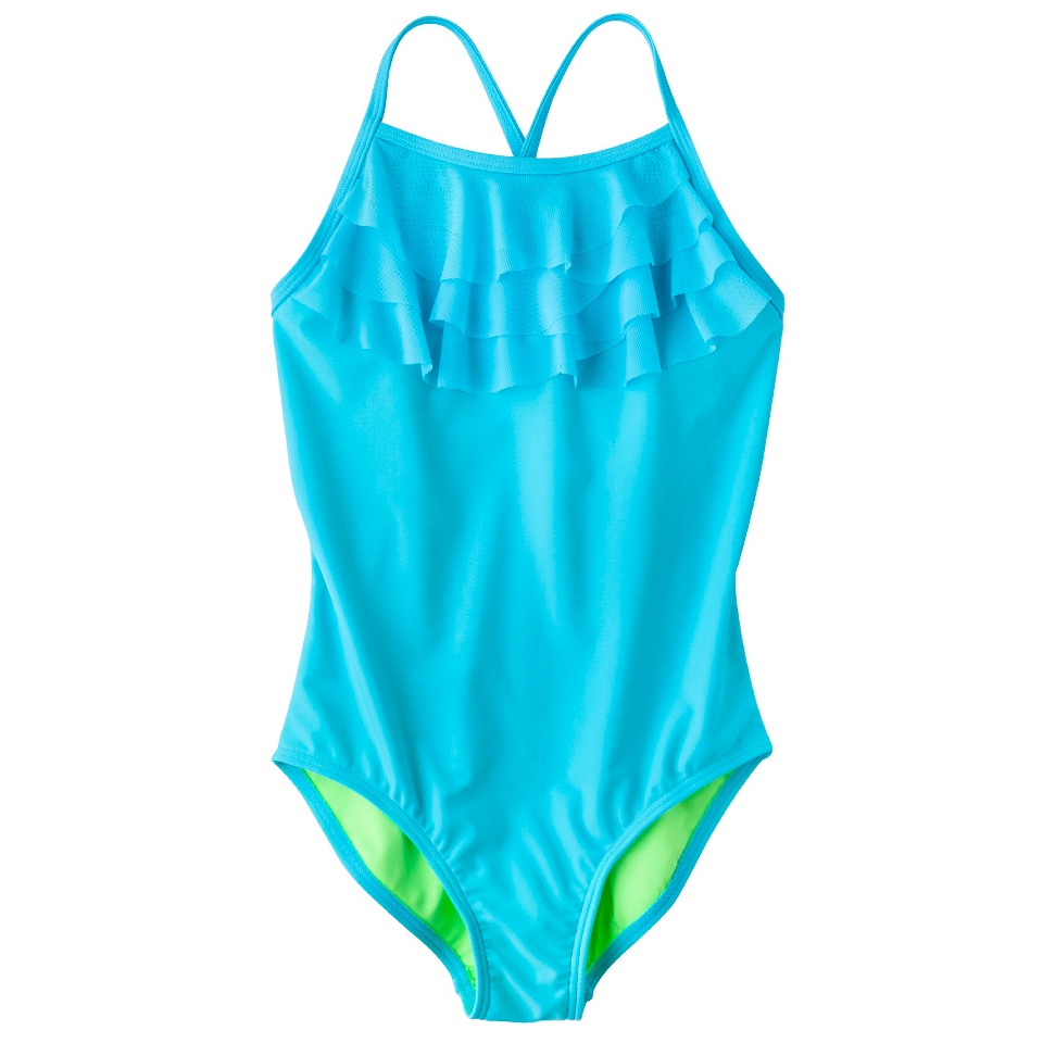 Girls 1 Piece Ruffled Swimsuit   Aqua M