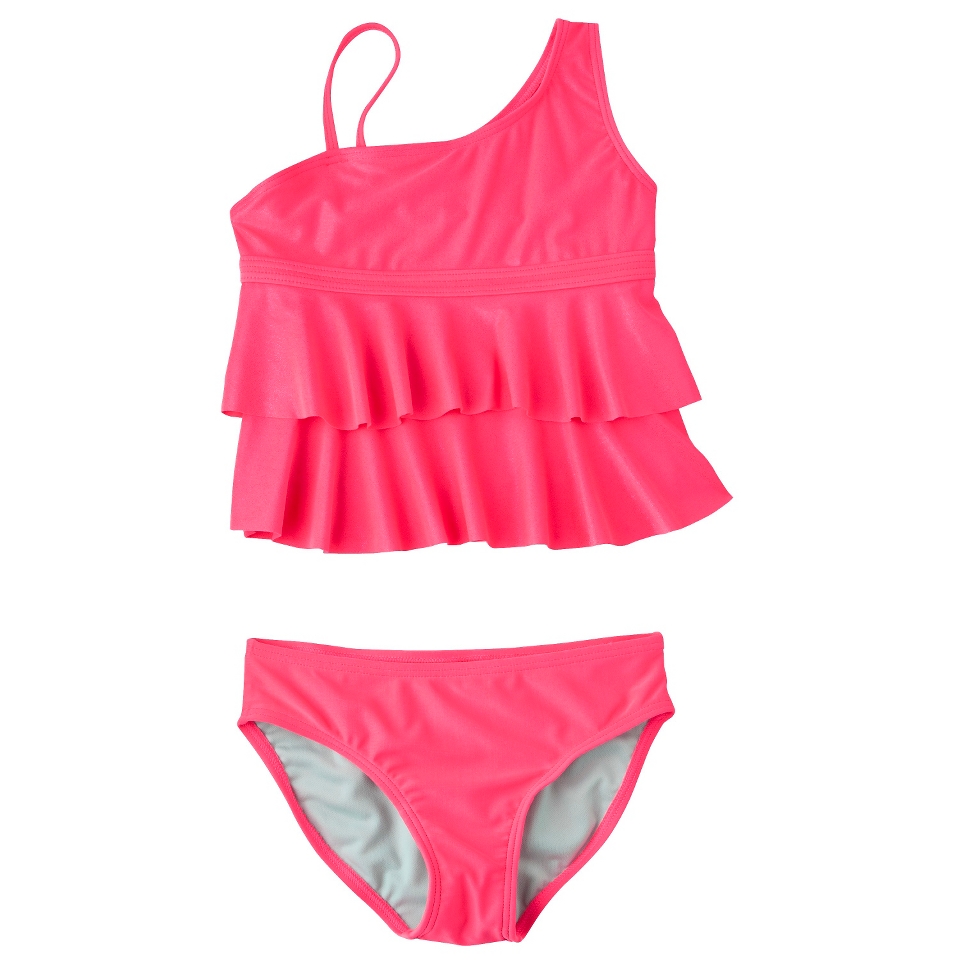 Girls 2 Piece Ruffled Asymmetrical Tankini Swimsuit   Coral L