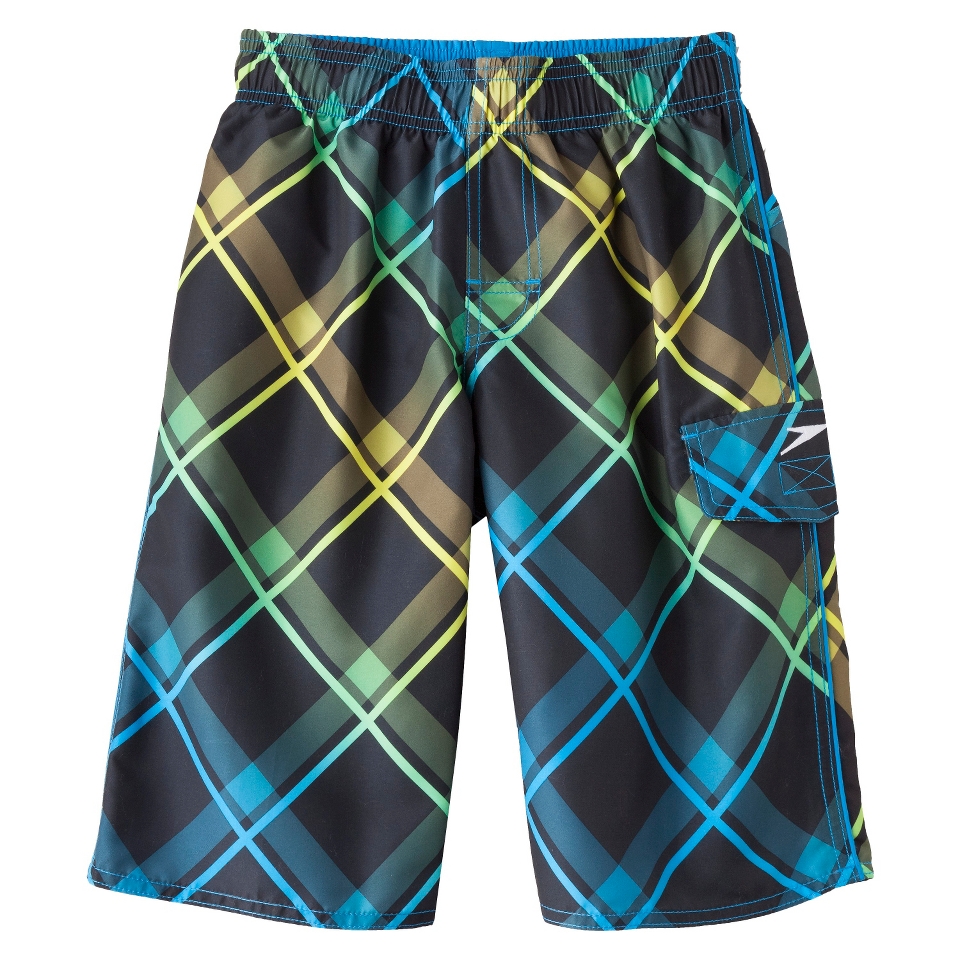 Speedo Boys Diamond Plaid Swim Trunk   Blue M