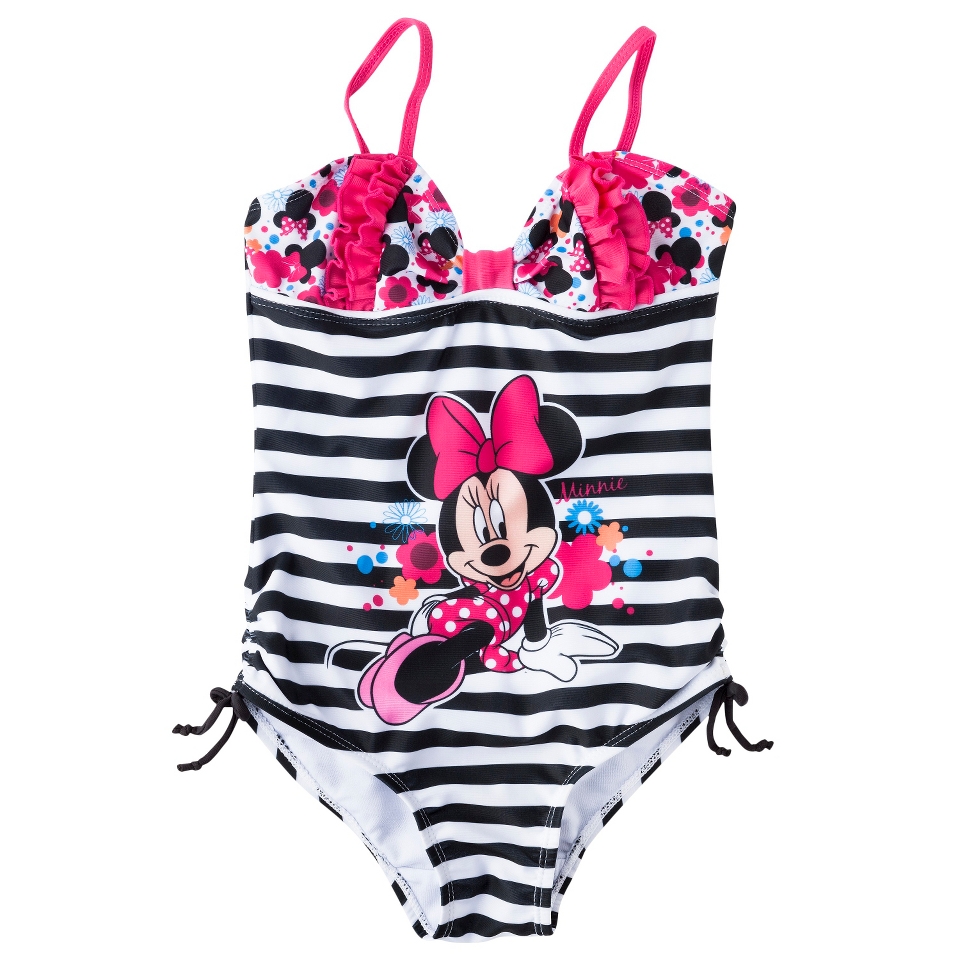 Disney Minnie Mouse Girls 1 Piece Stripe Swimsuit   Black/White 6X