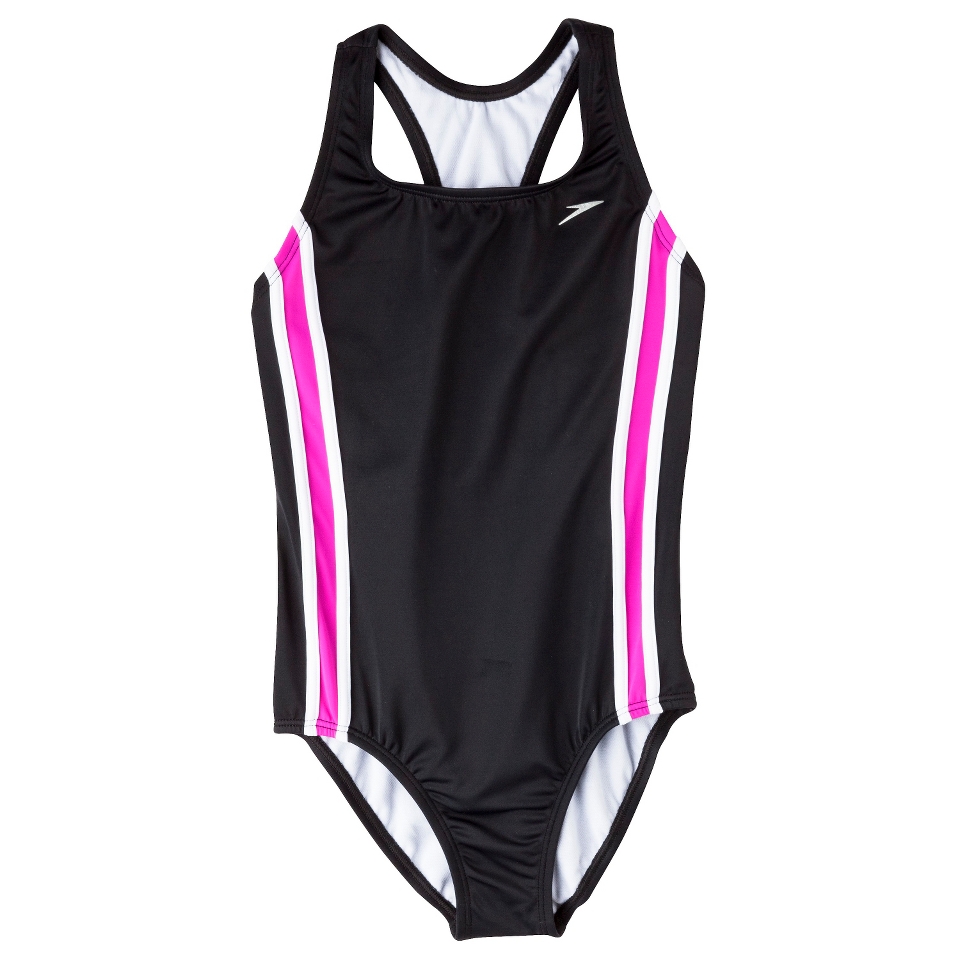 Speedo Girls 1 Piece Racer Back Splice Swimsuit   Black 10