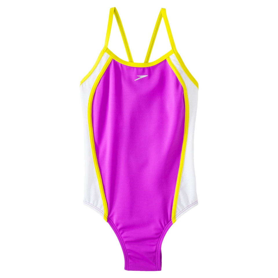 Speedo Girls 1 Piece Racer Back Mesh Splice Swimsuit   Purple 14