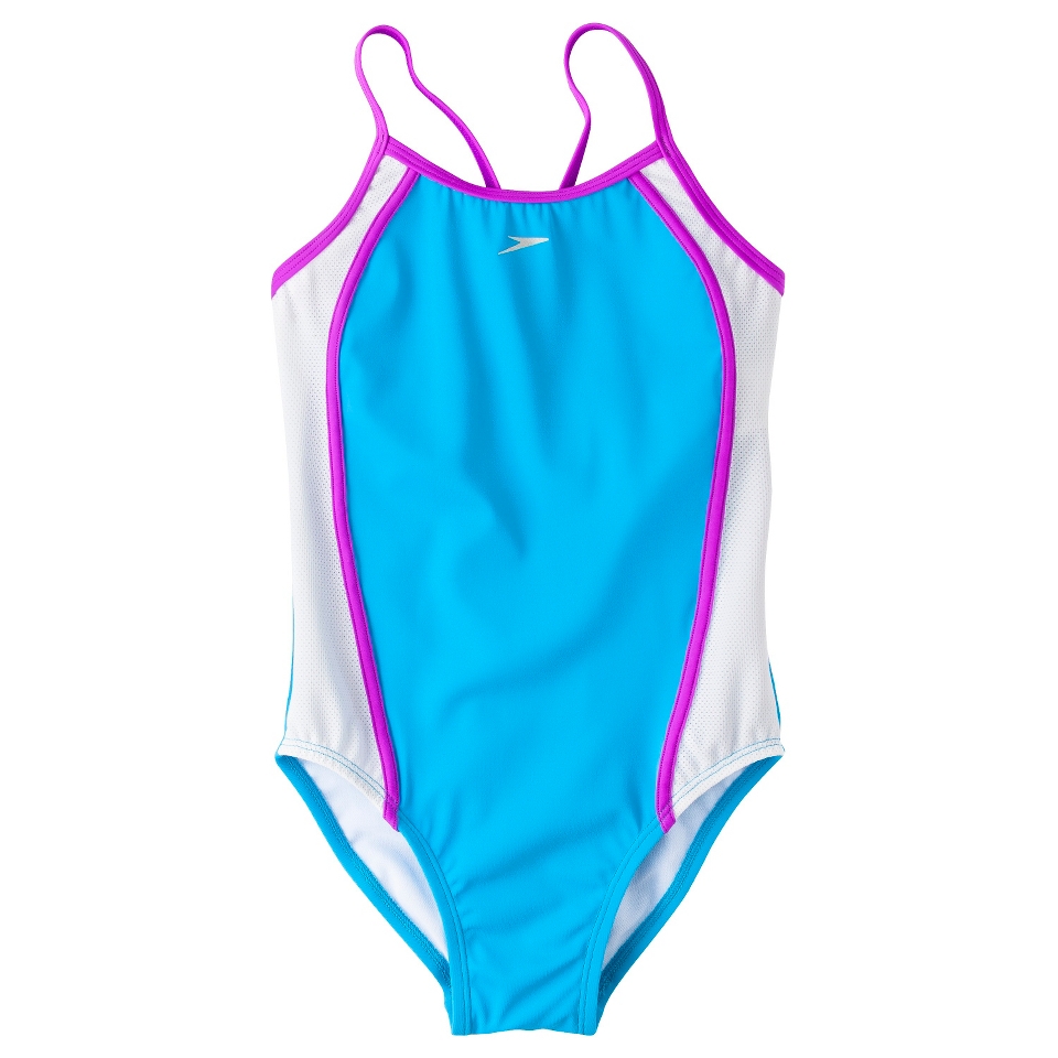 Speedo Girls 1 Piece Racer Back Mesh Splice Swimsuit   Blue 8