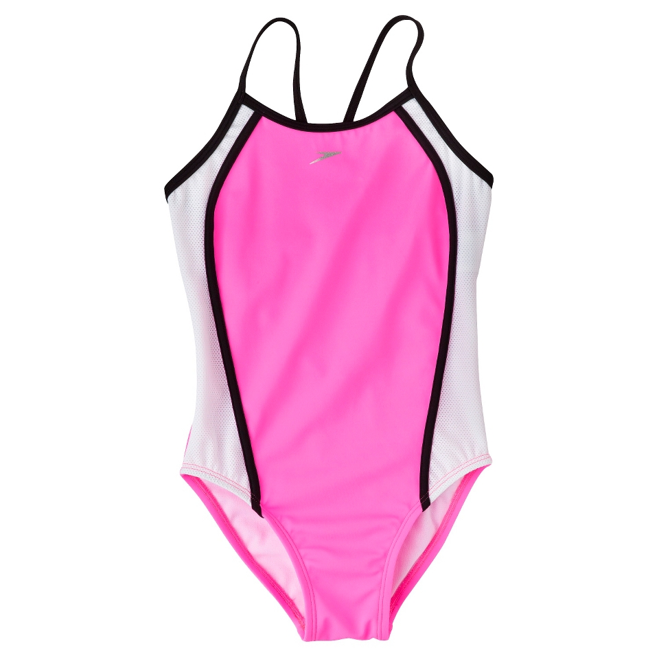 Speedo Girls 1 Piece Racer Back Mesh Splice Swimsuit   Neon Pink 7