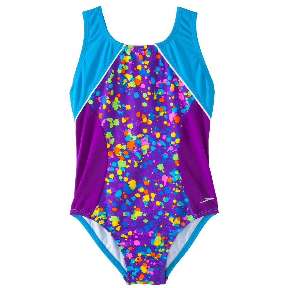 Speedo Girls 1 Piece Splatter Racer Back Splice Swimsuit   Purple 12