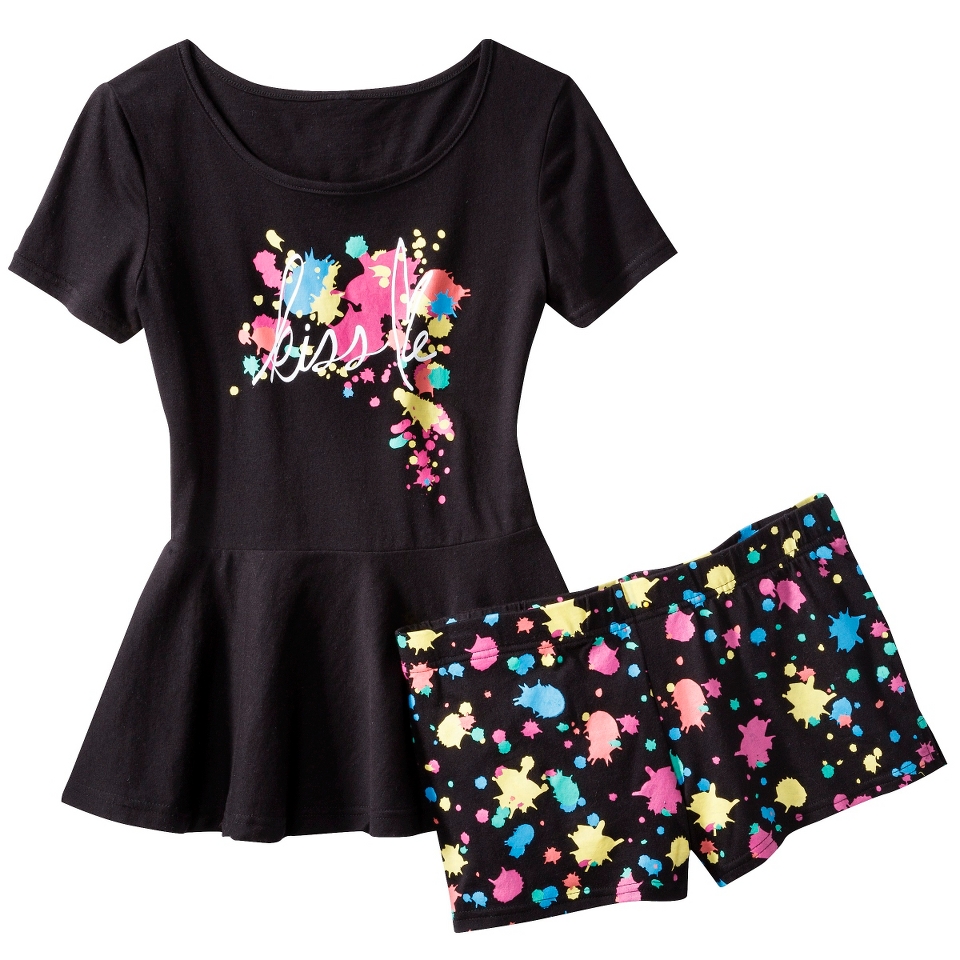 Juniors Peplum Top With Boxer PJ Set   Black Print XL