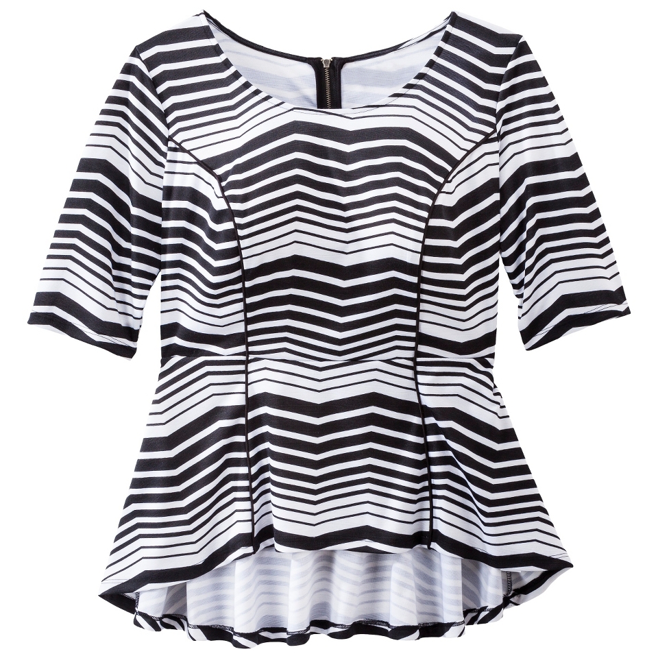 Pure Energy Womens Plus Size 3/4 Sleeve Peplum Top   Black/White Chevron 2X