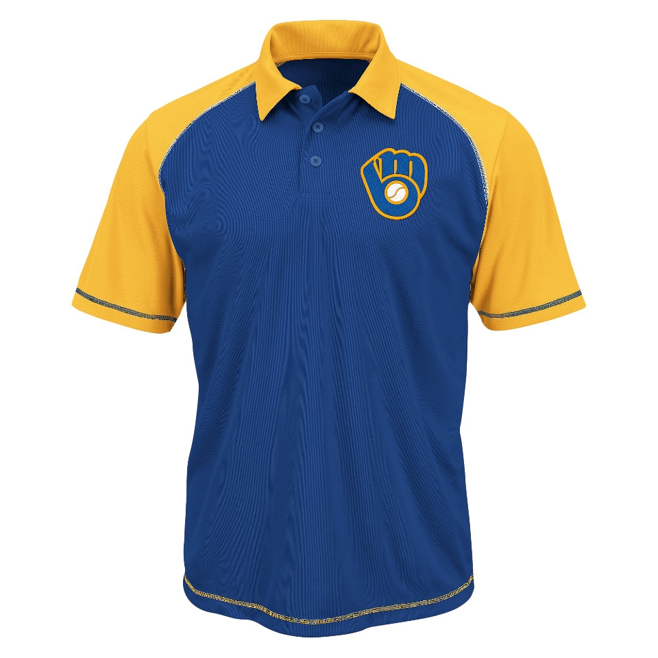 MLB Mens Milwaukee Brewers Synthetic Polo T Shirt   Blue/Yellow (L)