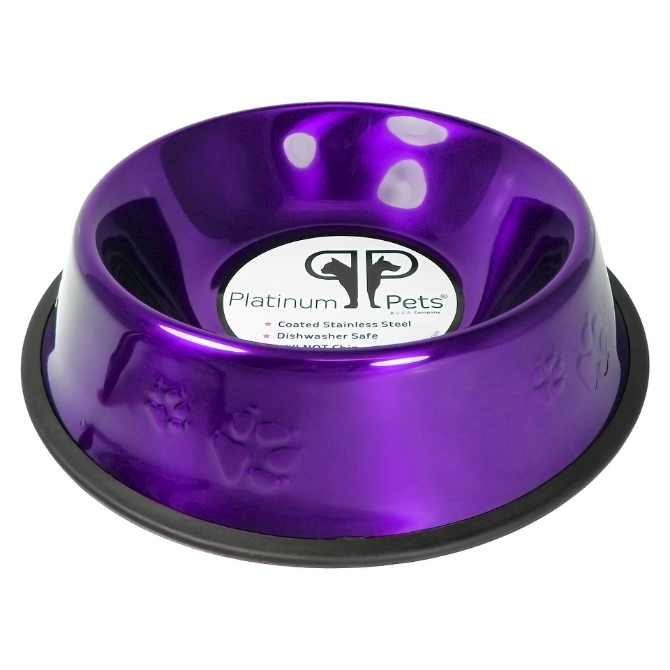 Platinum Pets Stainless Steel Embossed Non Tip Dog Bowl   Purple (3 Cup)