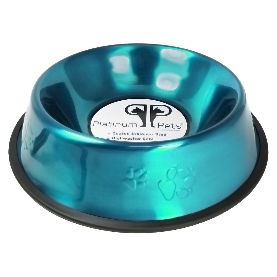 Platinum Pets Stainless Steel Embossed Non Tip Dog Bowl   Teal (2 Cup)