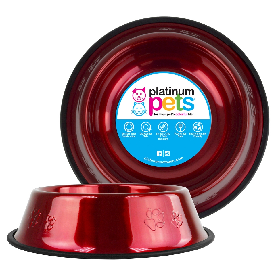 Platinum Pets Stainless Steel Embossed Non Tip Dog Bowl   Red (2 Cup)
