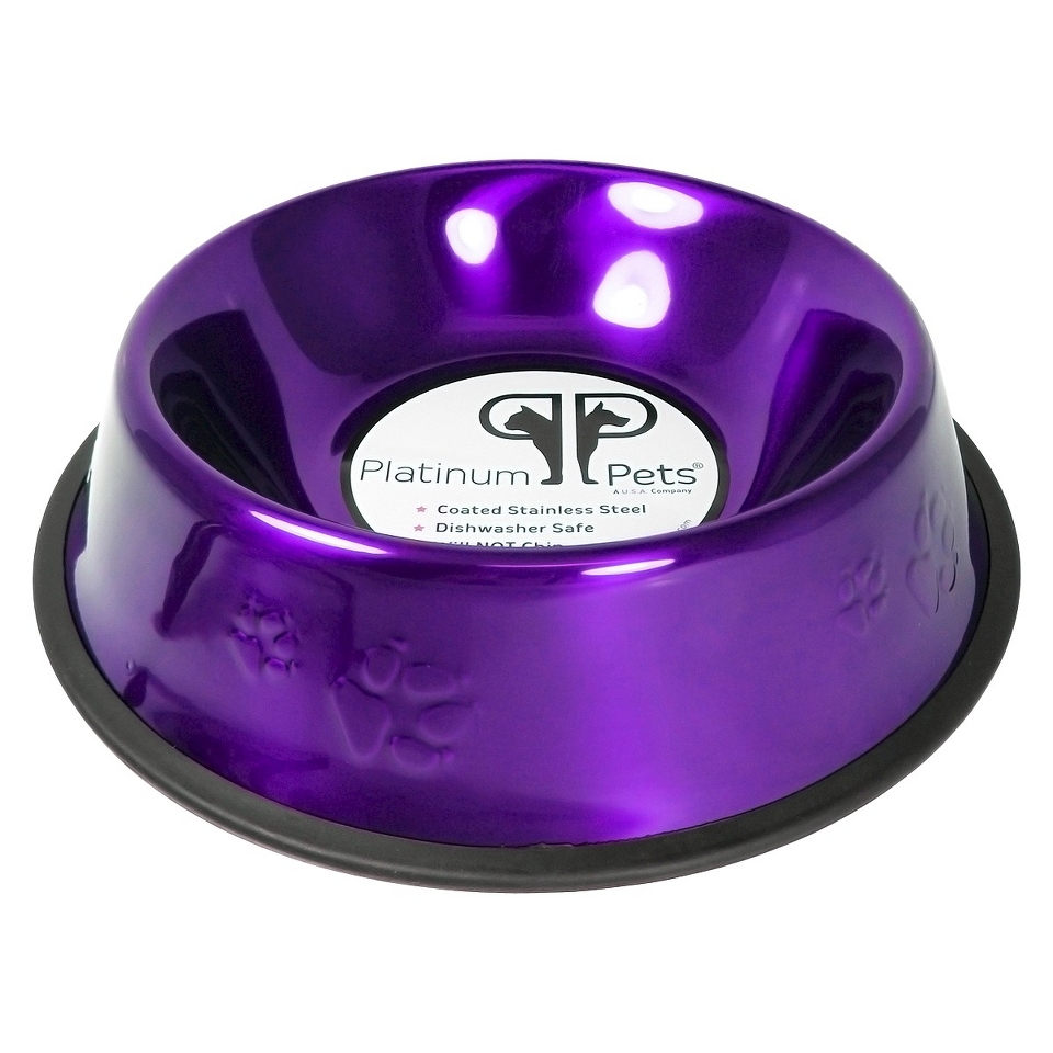 Platinum Pets Stainless Steel Embossed Non Tip Dog Bowl   Purple (7 Cup)