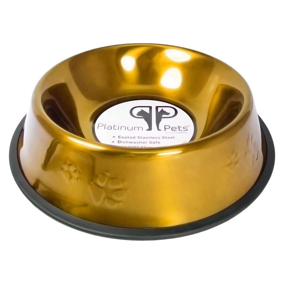 Platinum Pets Stainless Steel Embossed Non Tip Dog Bowl   Gold (3 Cup)