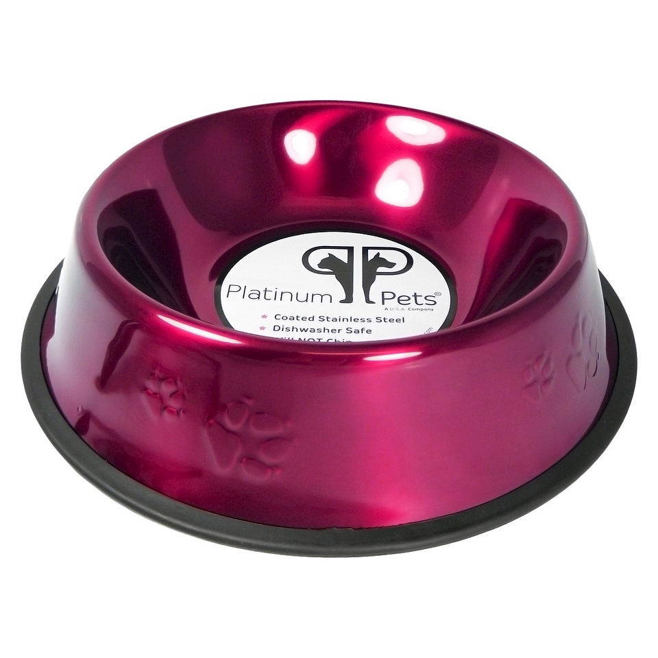 Platinum Pets Stainless Steel Embossed Non Tip Dog Bowl   Raspberry (2 Cup)