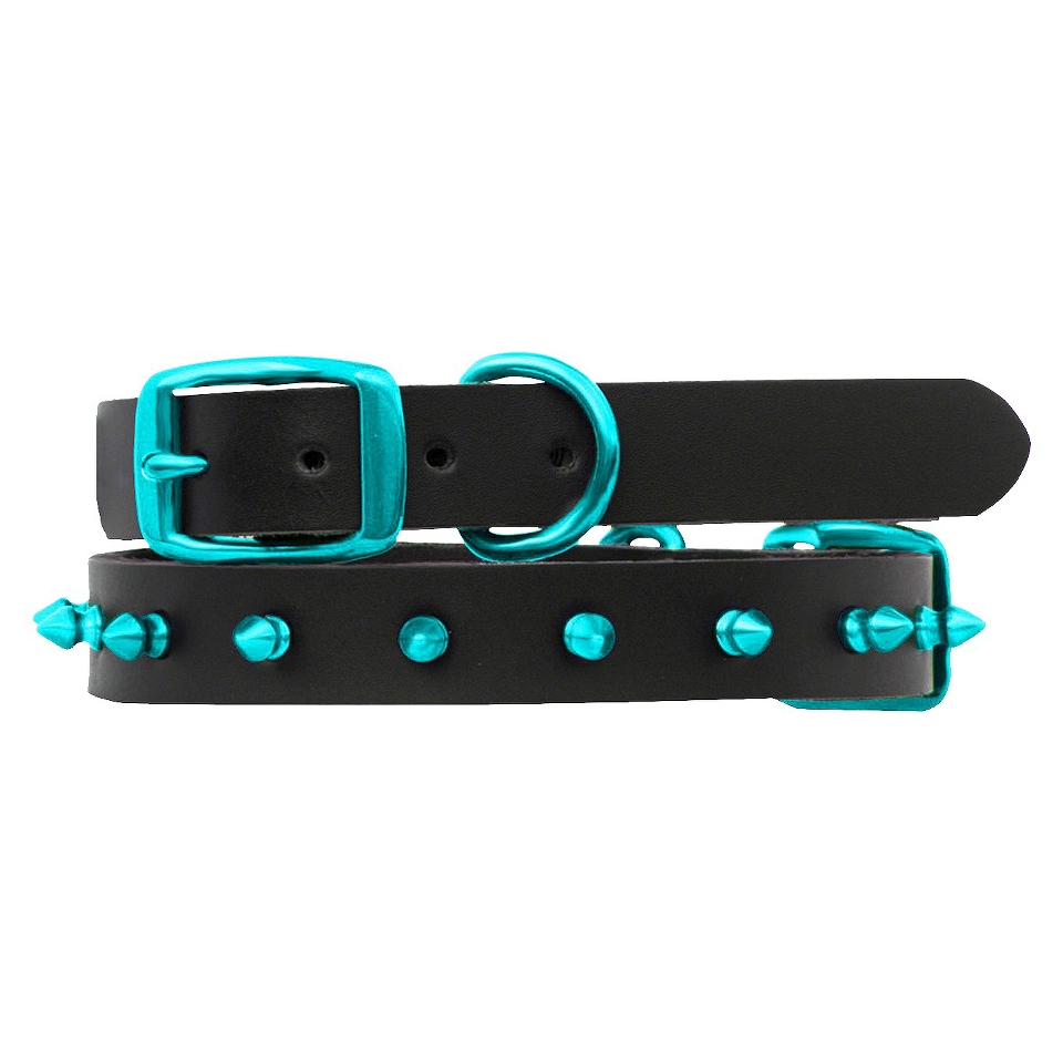Platinum Pets Black Genuine Leather Dog Collar with Spikes   Teal (11   15)