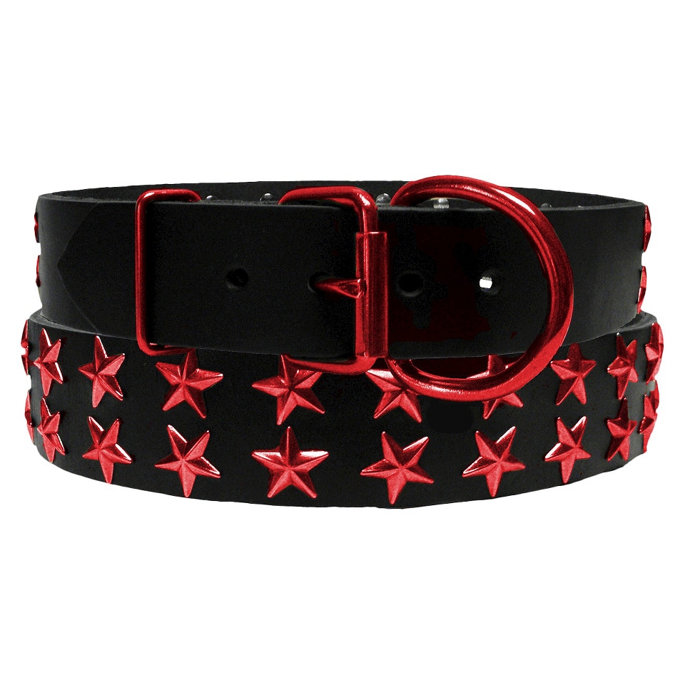 Platinum Pets Black Genuine Leather Dog Collar with Stars   Red (20 24)