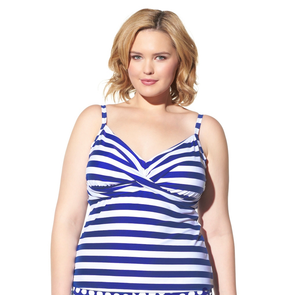 Womens Plus Size Striped Halter Tankini Swim Top   Cobalt Blue/White 20W