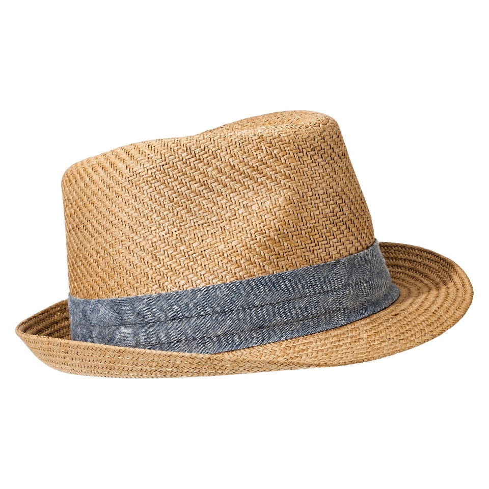 Mens Beige Fedora With Blue Stripe   M/L