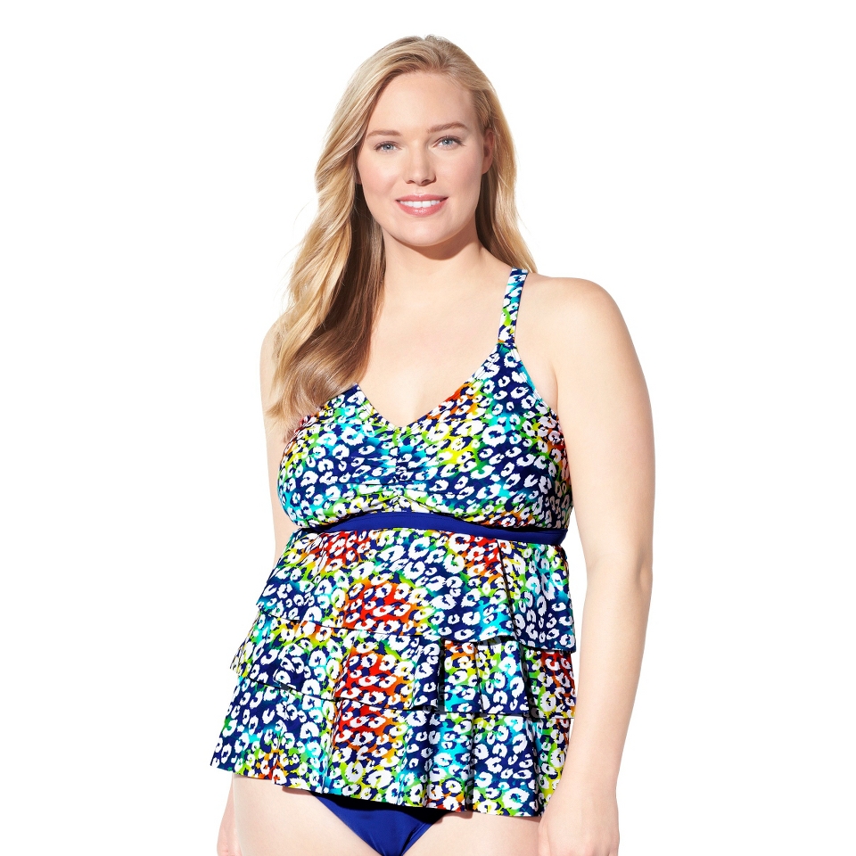 Womens Plus Size Tiered Tankini Swim Top   Cobalt Blue/Multicolor 24W