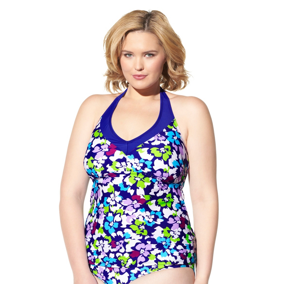 Womens Plus Size Halter Tankini Swim Top   Cobalt Blue/Multicolor 16W