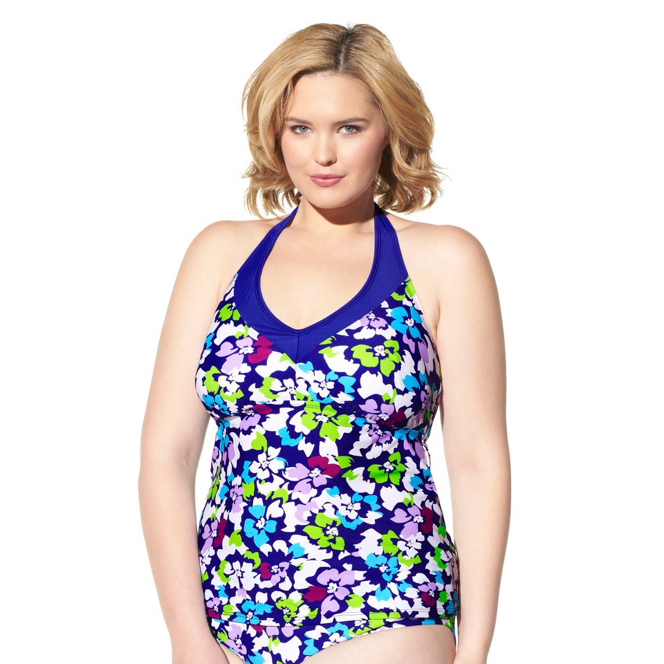 Womens Plus Size Halter Tankini Swim Top   Cobalt Blue/Multicolor 24W