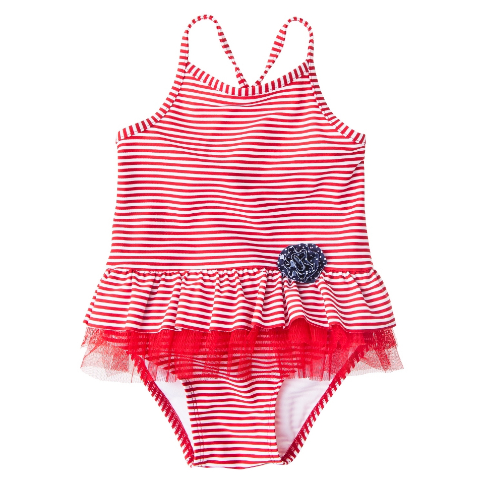 Circo Infant Toddler Girls Stripe Tutu 1 Piece Swimsuit   Red 9 M