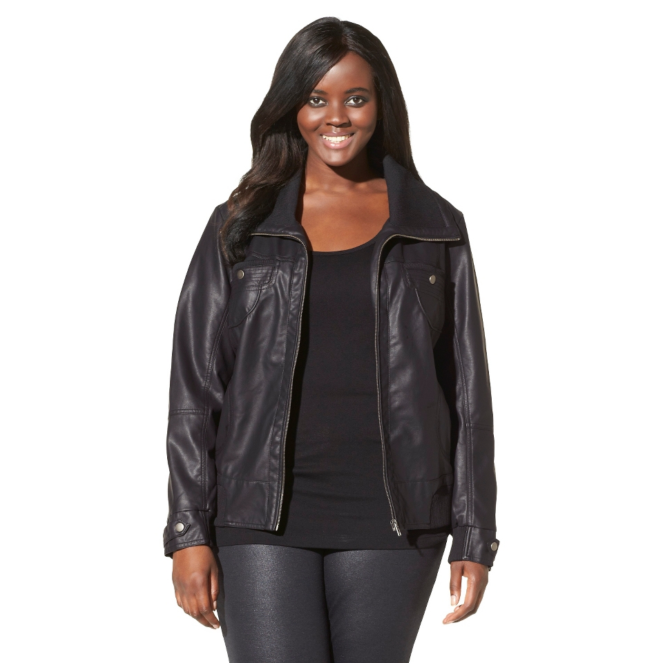 Pure Energy Womens Plus Size Faux Leather Bomber Jacket   Black 1X