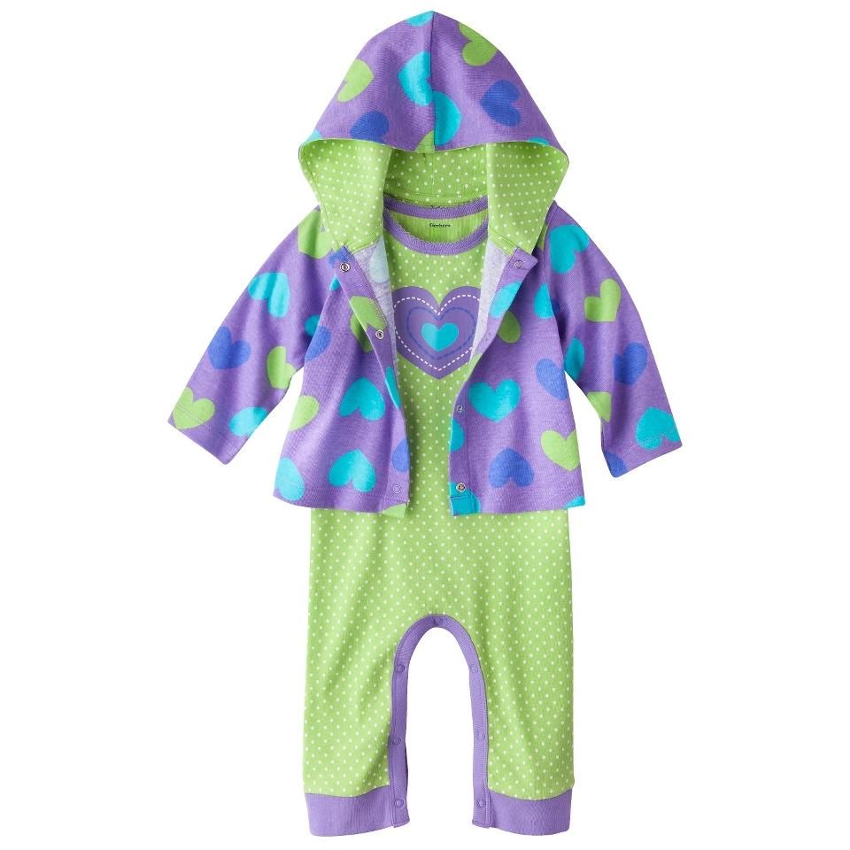 Gerber Onesies Newborn Girls Hearts Coverall and Jacket Set   Purple/Green 3 6