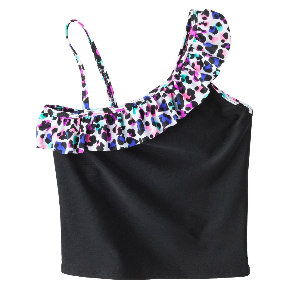 Girls Asymmetrical Leopard Spot Ruffled Tankini Swimsuit Top   Black S
