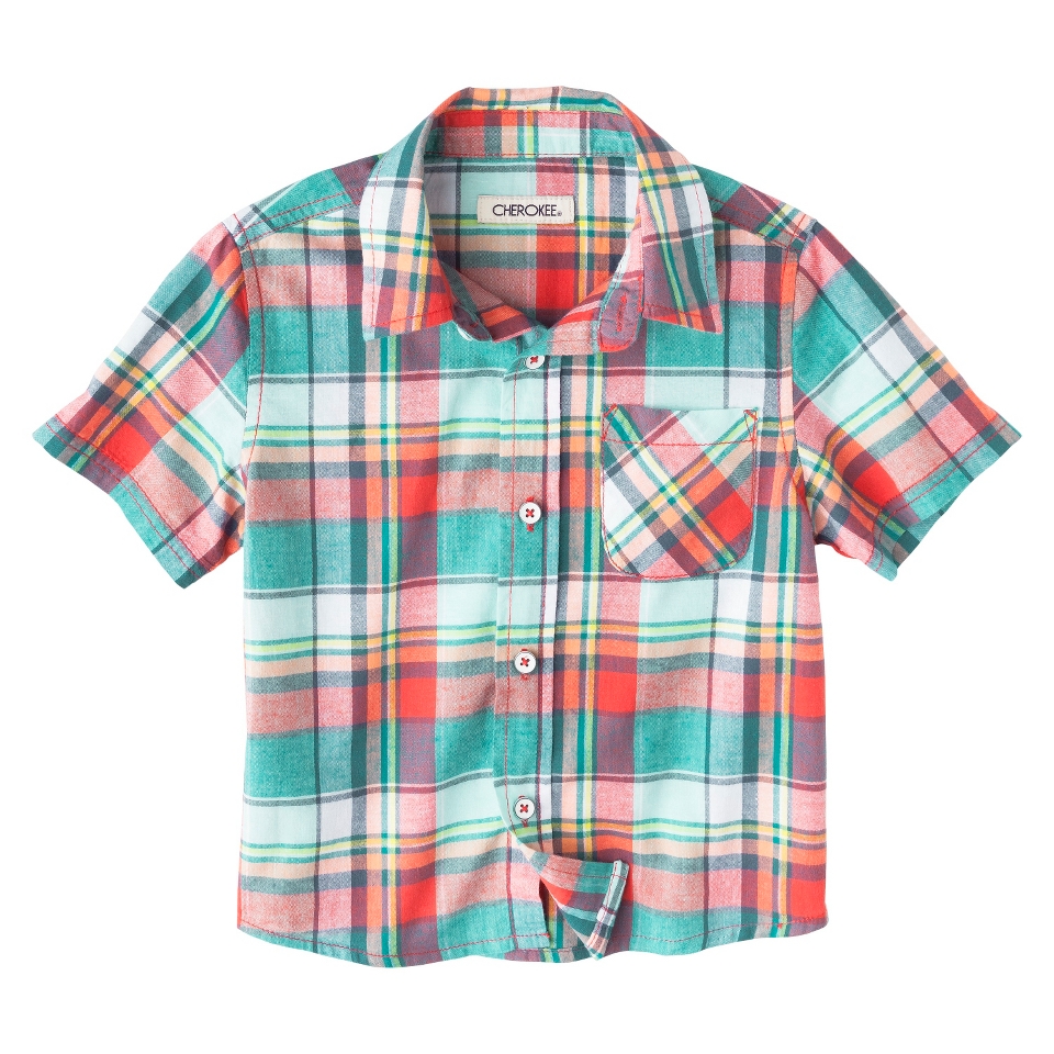 Cherokee Infant Toddler Boys Short Sleeve Plaid Buttondown   Red 18 M