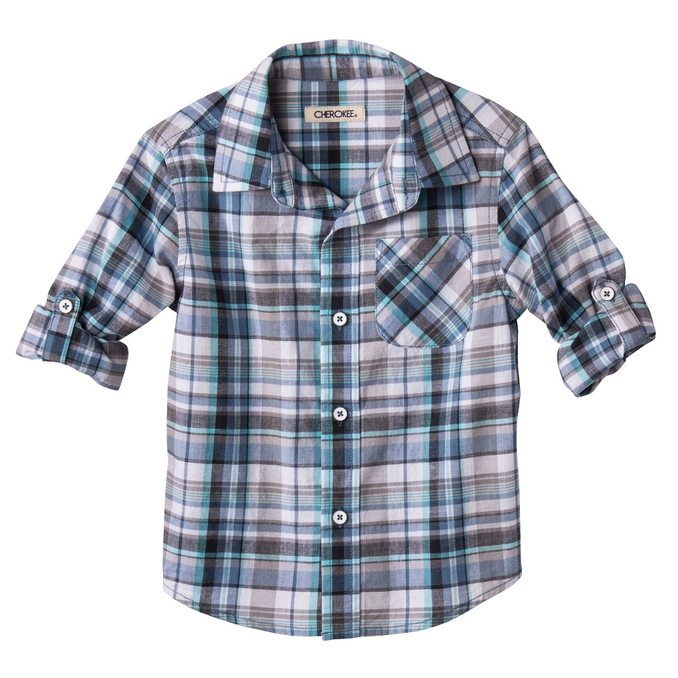 Cherokee Infant Toddler Boys Long  Sleeve Plaid Buttondown   Blue 12 M