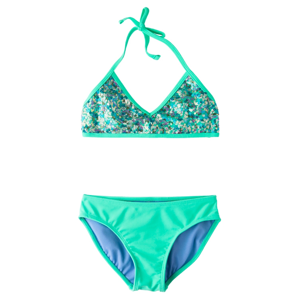 Girls 2 Piece Sequin Halter Bikini Swimsuit Set   Mint XL