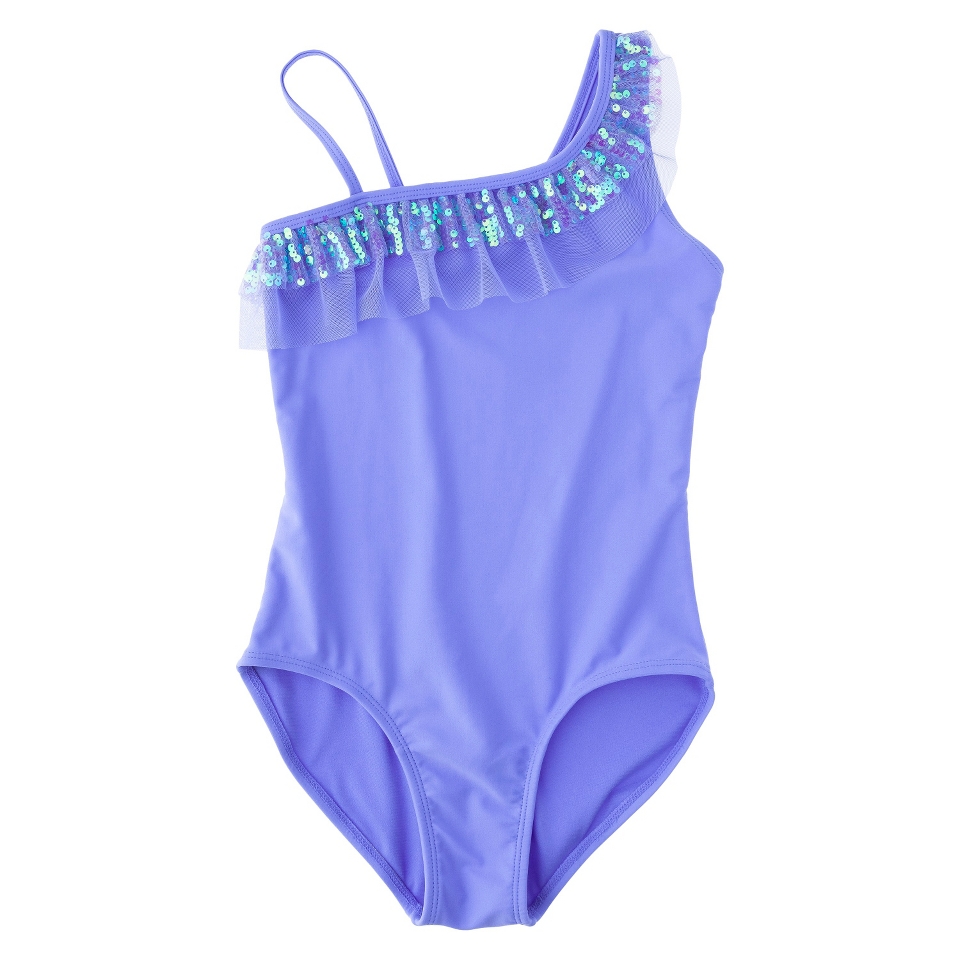 Girls 1 Piece Ruffled Asymmetrical Swimsuit   Purple M