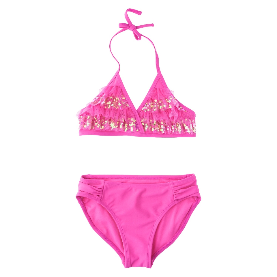 Girls 2 Piece Ruffled Sequin Halter Bikini Swimsuit Set   Pink XL