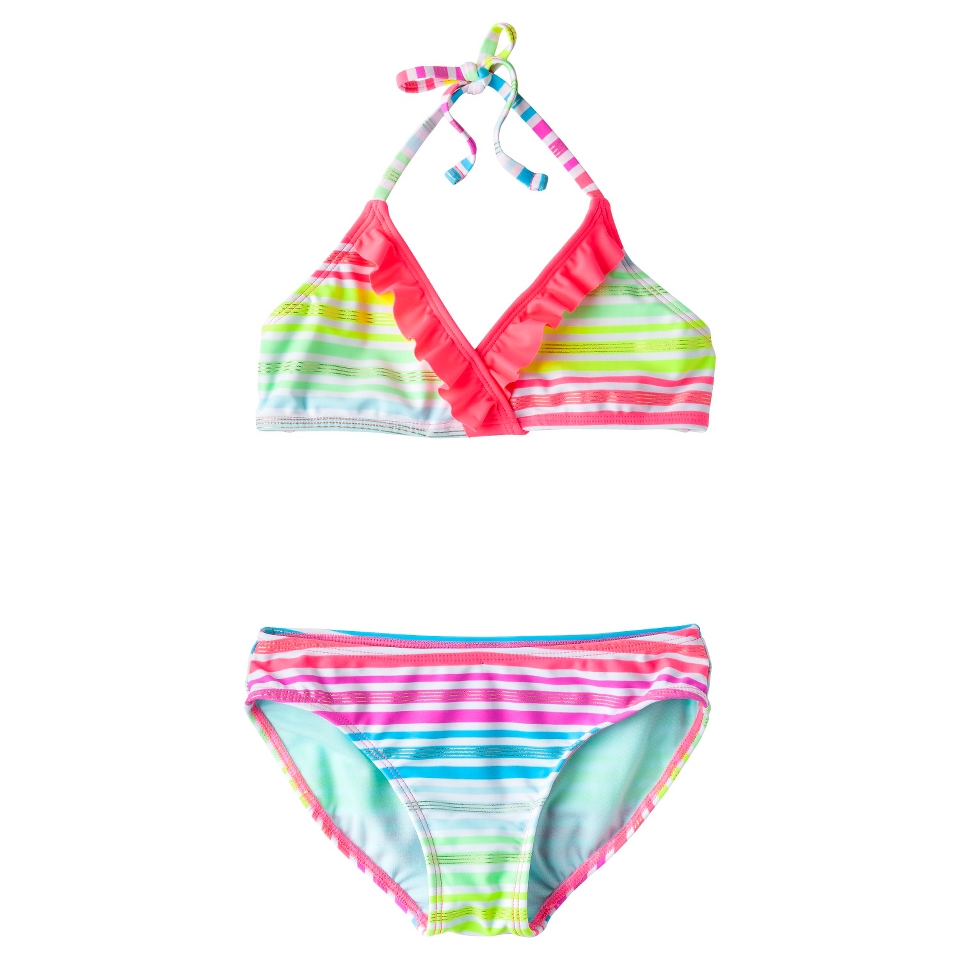 Girls 2 Piece Striped Halter Bikini Swimsuit Set   Rainbow XL