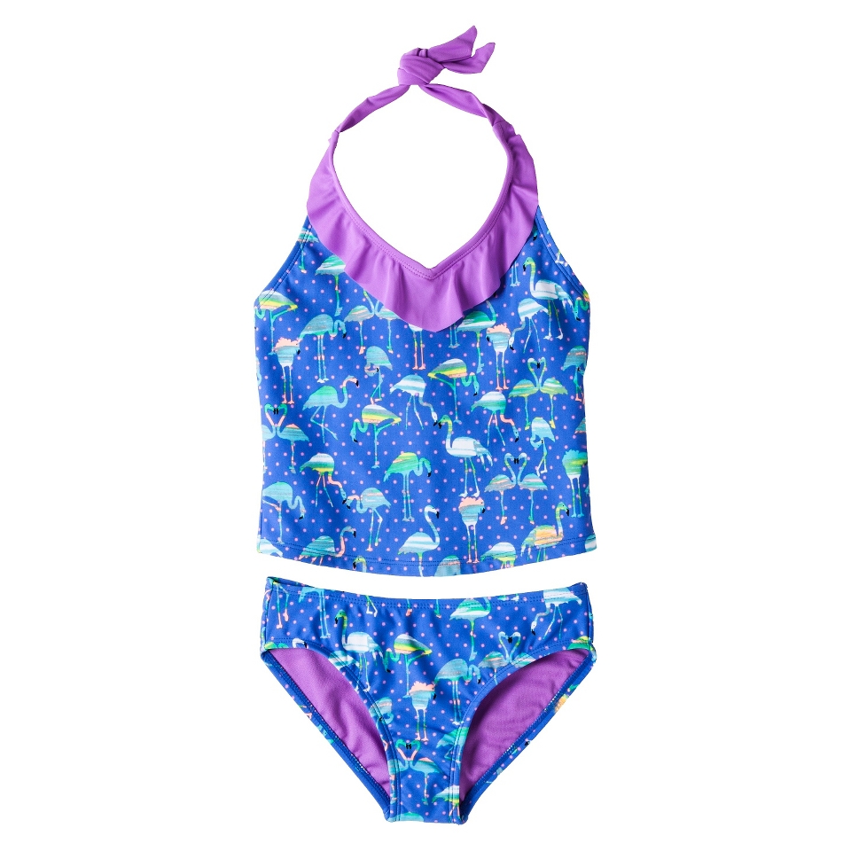 Girls 2 Piece Halter Flamingo Tankini Swimsuit Set   Blue L