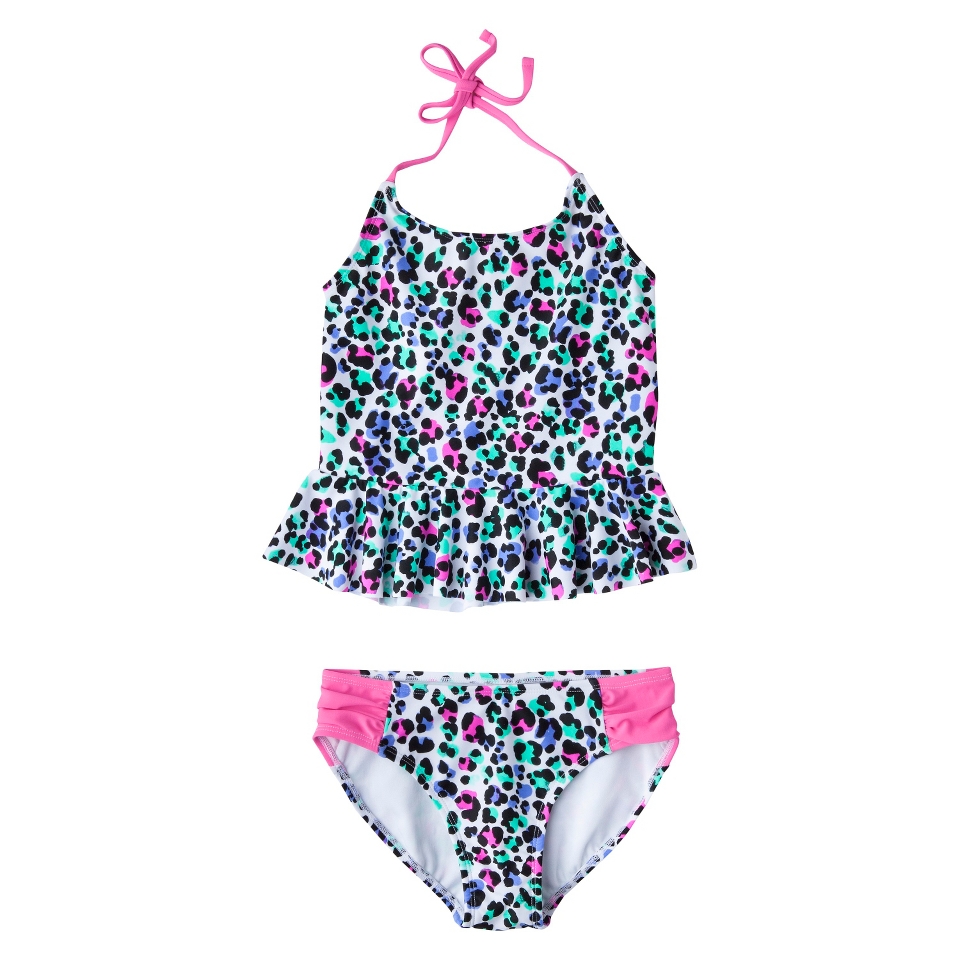 Girls 2 Piece Peplum Leopard Spot Tankini Swimsuit Set   White XL