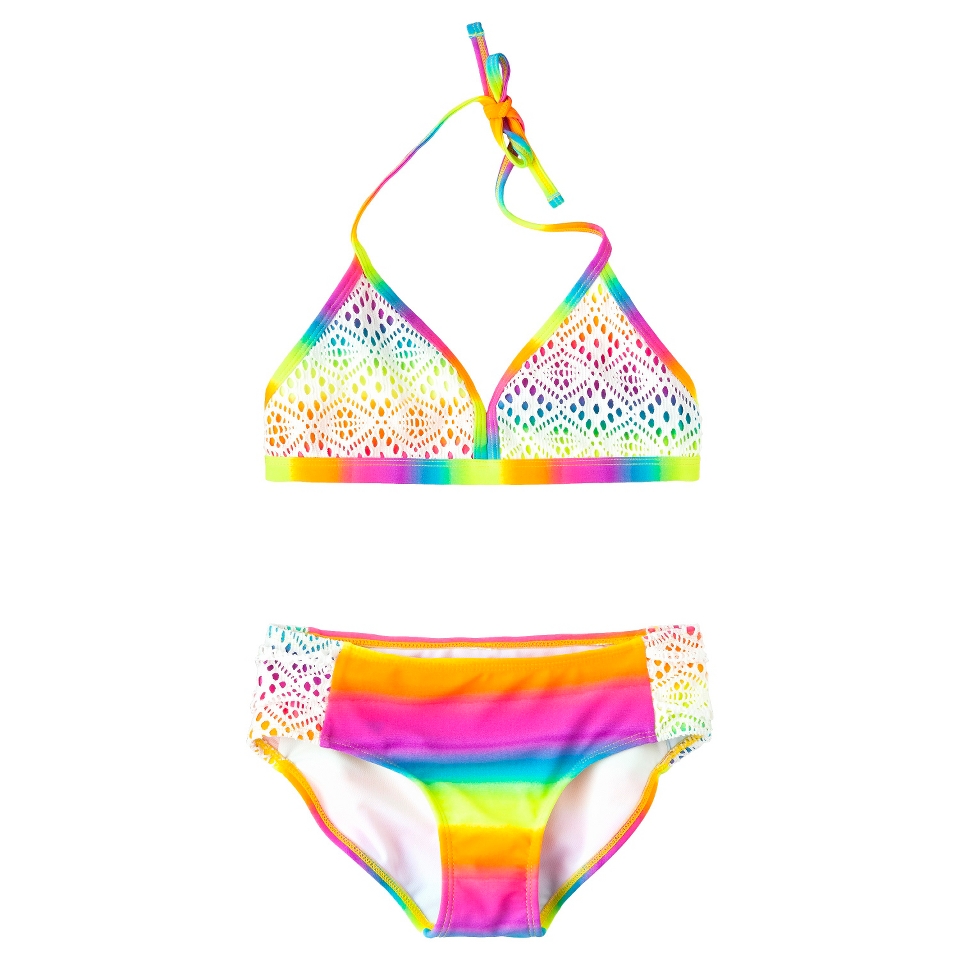 Girls 2 Piece Crochet Halter Bikini Swimsuit Set   Rainbow XL