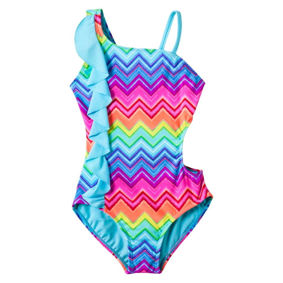Girls 1 Piece Ruffled Chevron Swimsuit   Rainbow XL