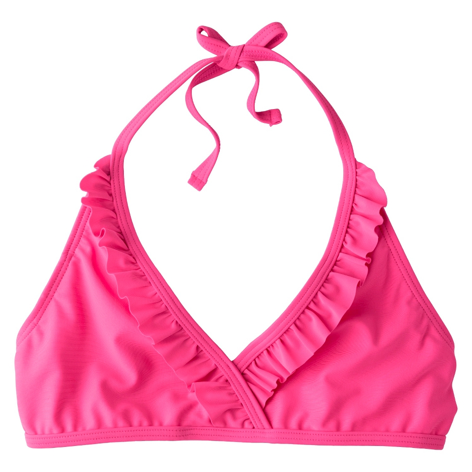 Girls Striped Ruffle Halter Bikini Swim Top   Pink L