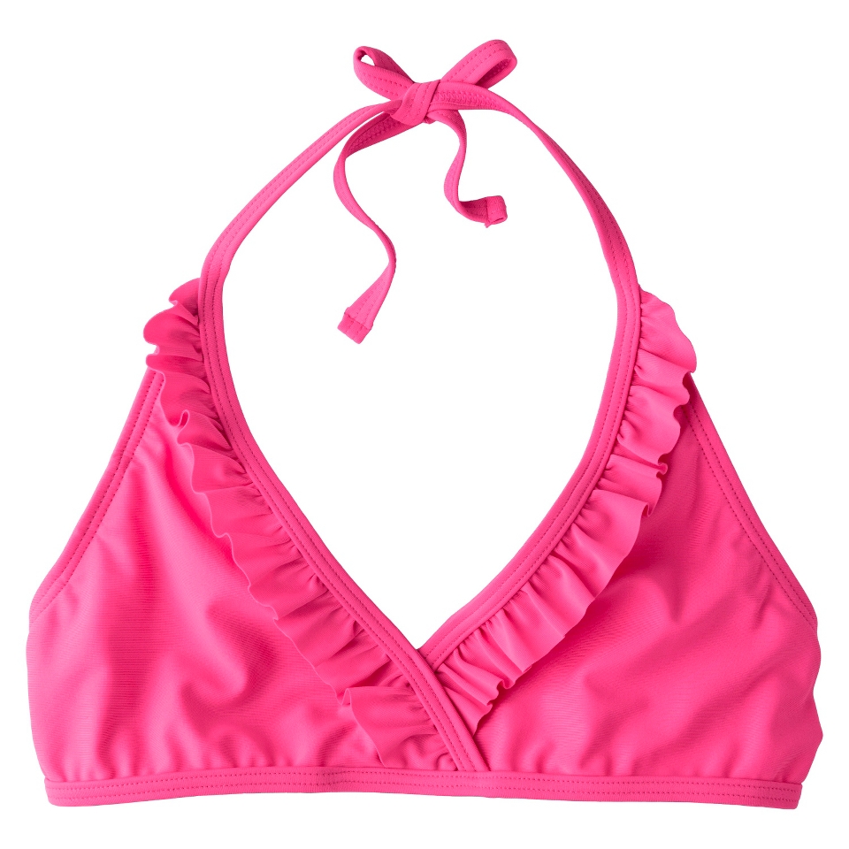 Girls Striped Ruffle Halter Bikini Swim Top   Pink XS