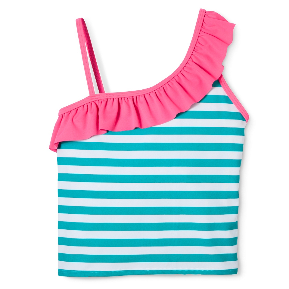 Girls Asymmetrical Striped Tankini Top   Turquoise XL