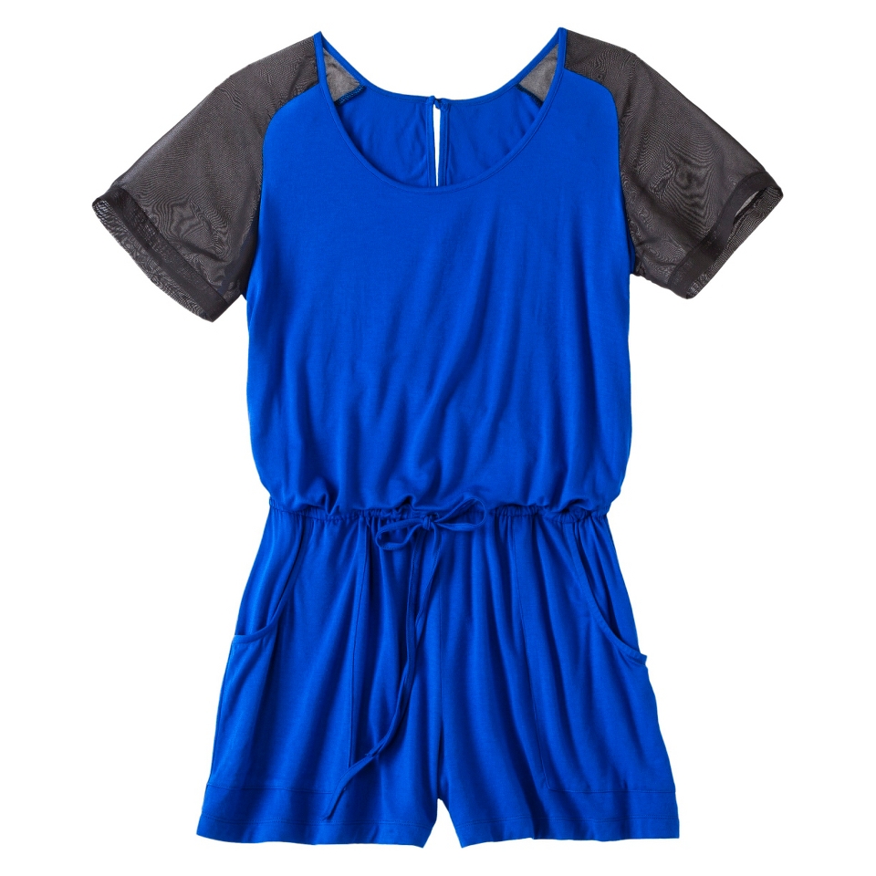 Mossimo Womens Short Sleeve Tie Waist Romper   Athens Blue XXL