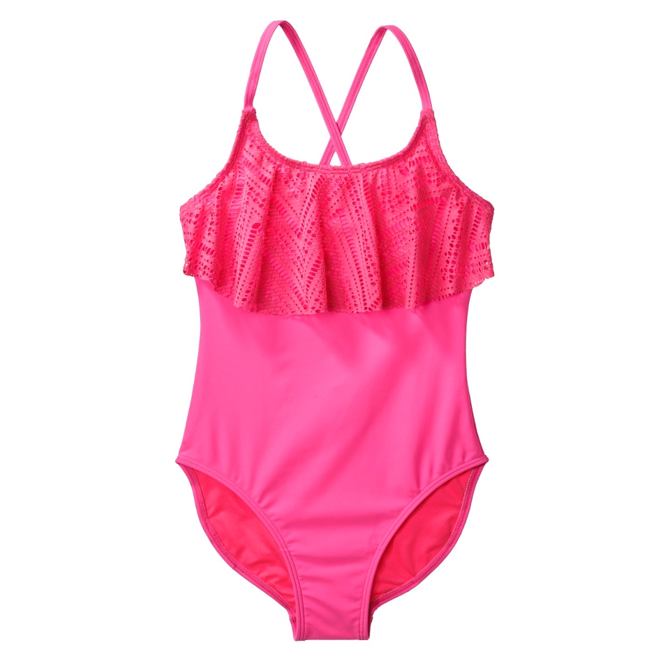 Girls 1 Piece Ruffled Swimsuit   Pink M